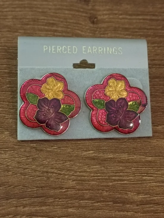 Red Pink Floral Enamel Stud Earrings Statement Retro Bold Flower Earrings Cute - Picture 5 of 5